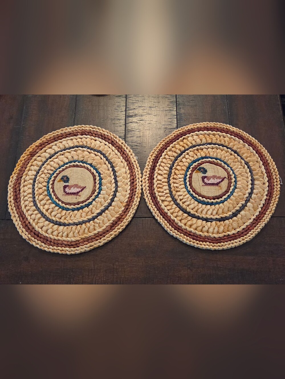Vtg 12" Woven Rattan Hot Pad Duck